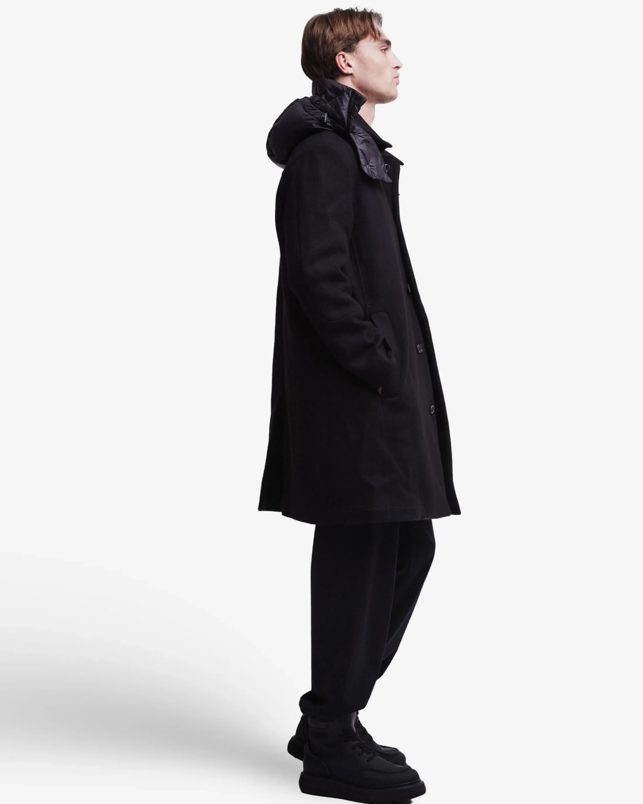 Premiata Cappotto in lana con dettagli in nylon>Uomo Giacche E Cappotti